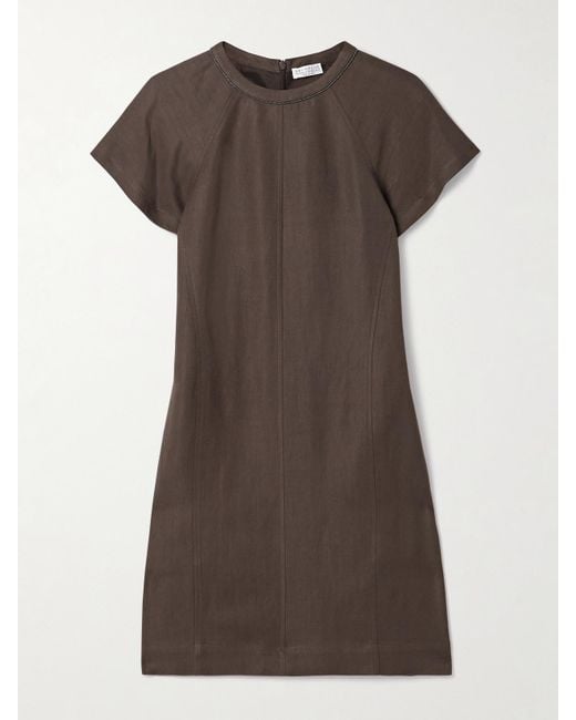 Brunello Cucinelli Brown Minikleid Aus Twill Mit Zierperlen