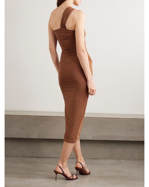 Maygel Coronel Brown Arcano One-Shoulder Appliquéd Cutout Ruched Stretch-Jersey Midi Dress