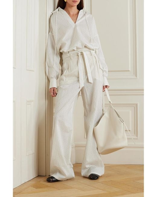Max Mara White Xero Hose Mit Weitem Bein Aus Einer Baumwoll-Seidenmischung Mit Nadelstreifen Und Bindegürtel