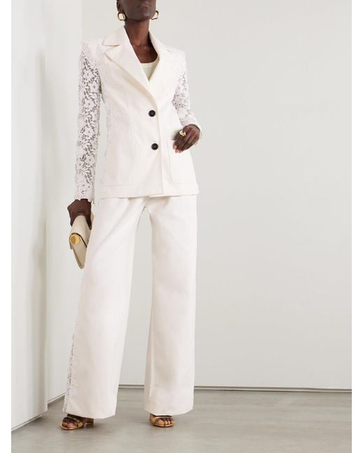 Safiyaa White Fredan Guipure Lace-Trimmed Cotton-Twill Wide-Leg Pants