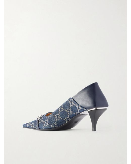 Gucci Blue Vittoria Horsebit-Embellished Canvas-Jacquard Pumps