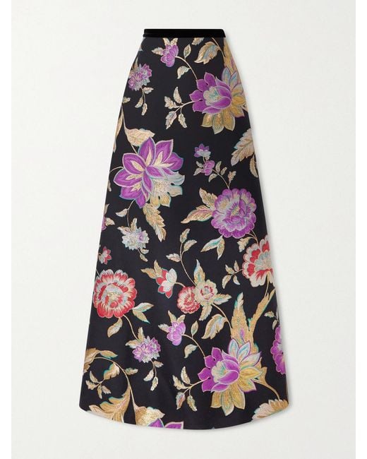Valentino Garavani White Velvet-Trimmed Wool-Blend Floral-Brocade Maxi Skirt