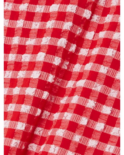 Ganni Pink Asymmetric Gingham Recycled-Seersucker Midi Dress