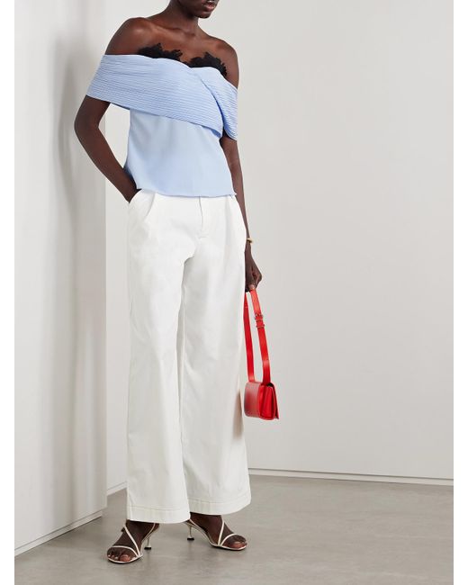 Kika Vargas Blue Penelope Off-The-Shoulder Guipure Lace-Trimmed Plissé-Crepe De Chine Top