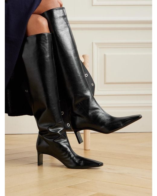 Khaite Black Ona Crinkled-Leather Knee Boots
