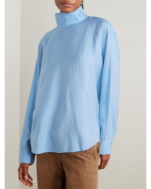 Tibi Blue Lyocell And Silk-Blend Turtleneck Blouse
