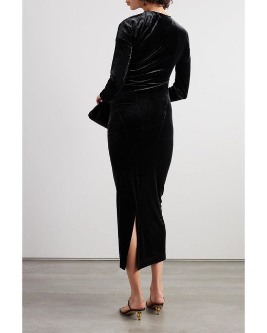 Totême Black Gathered Stretch-Velvet Midi Dress