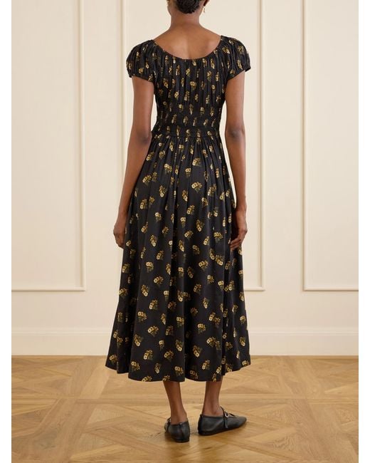 Doen Black Quinley Shirred Floral-Print Cotton-Blend Poplin Midi Dress