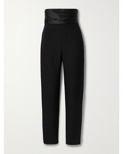 Khaite Black Lenro Pleated Satin-Trimmed Grain De Poudre Straight-Leg Pants