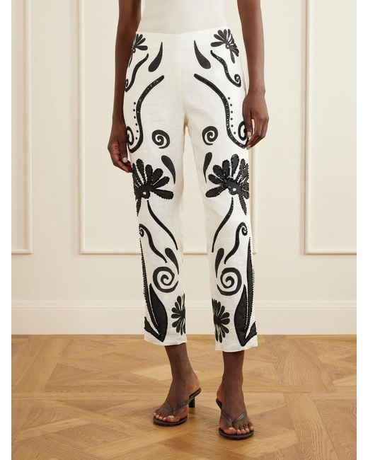 Cala De La Cruz White Sylvie Cropped Sequin-Embellished Printed Linen Tapered Pants