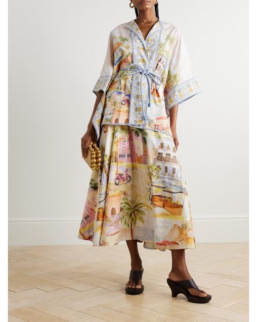 Farm Rio White Aracati Kaftan Aus Bedruckter Biobaumwollpopeline Mit Bindegürtel