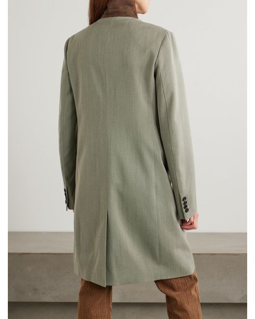 Loro Piana Green Blain Suede-Trimmed Storm System Wool Coat