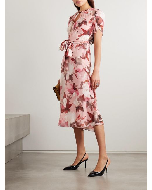 Erdem Pink Belted Gathered Floral-Print Silk-Voile Midi Dress