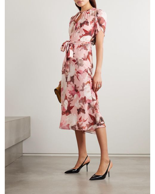 Erdem Pink Midikleid Aus Seiden-Voile Mit Blumenprint, Raffungen Und Bindegürtel