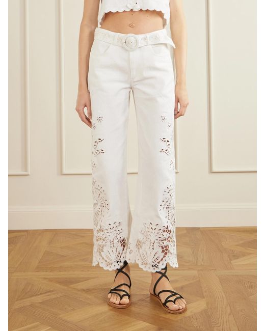 Farm Rio White Belted Embroidered Straight-Leg Jeans