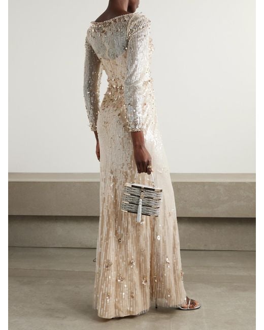Jenny Packham Natural Kestra Embellished Sequined Tulle Gown