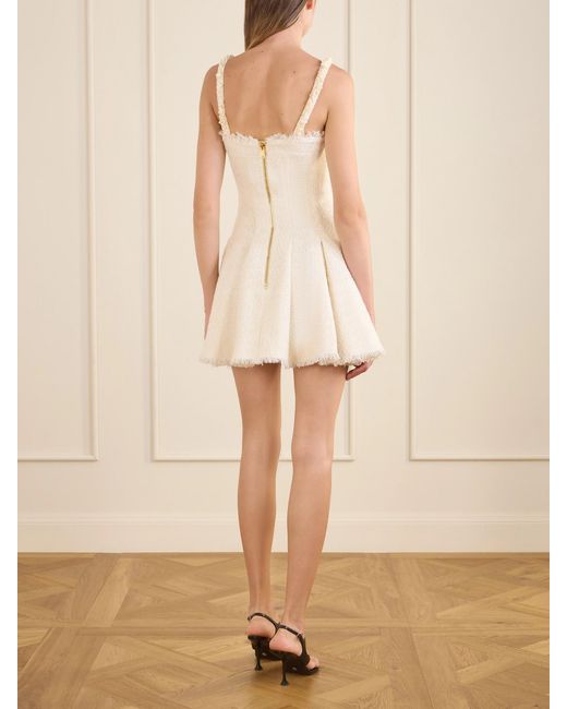 Balmain Natural Embellished Pleated Tweed Mini Dress