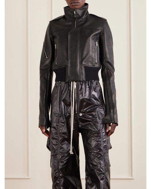 Rick Owens Black Cropped Leather Biker Jacket