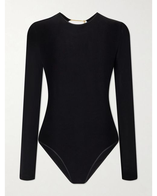Saint Laurent Black Cassandre-Embellished Mesh Bodysuit