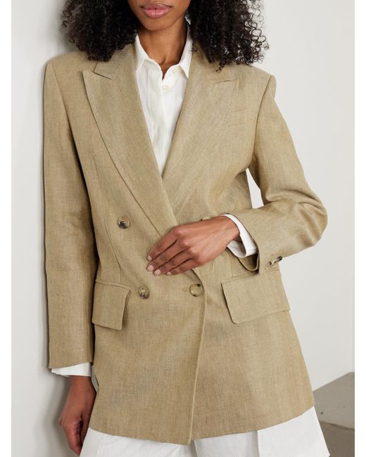 Max Mara Natural Gerla Double-Breasted Herringbone Linen Blazer