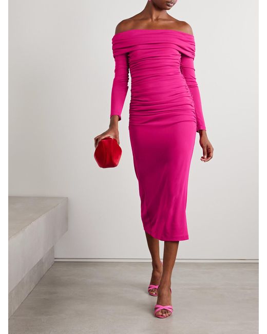 Carolina Herrera Off-The-Shoulder Ruched Stretch-Jersey Midi Dress in Pink  | Lyst