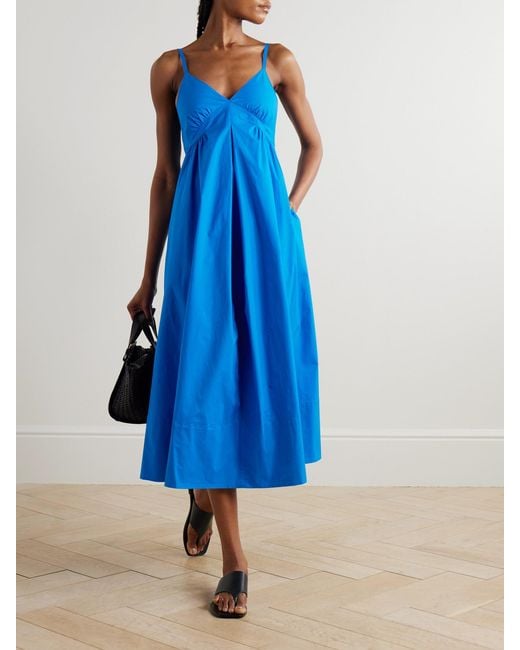 Proenza Schouler Blue Barker Gathered Cotton-Blend Poplin Midi Dress