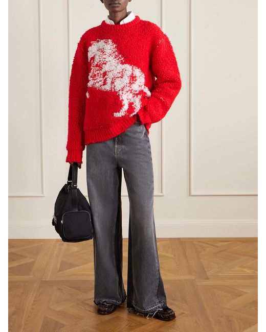 Stella McCartney Red Oversized Distressed Jacquard-Knit Wool-Blend Fleece Sweater
