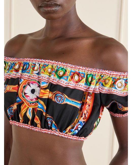 Dolce & Gabbana Black Carretto Off-The-Shoulder Cropped Printed Cotton-Poplin Top