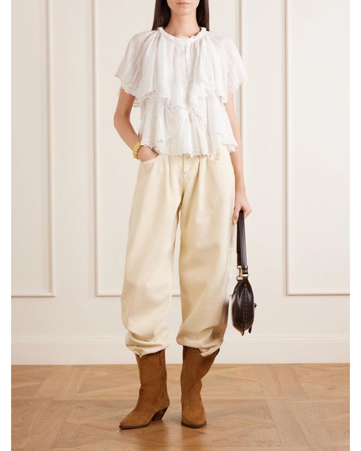 Isabel Marant White Lorna Ruffled Embroidered Cotton Blouse