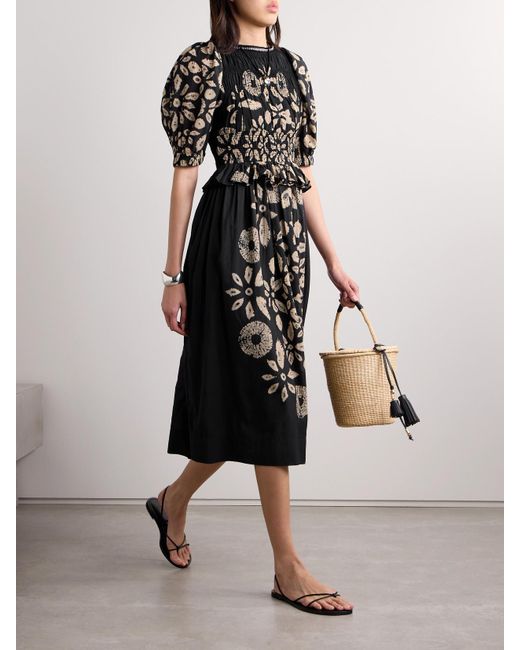 Sea Black Thea Embellished Shirred Tie-Dyed Cotton-Blend Voile Midi Dress
