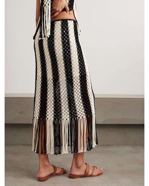 Zimmermann Black Wanderlust Fringed Striped Macramé Cotton Maxi Skirt