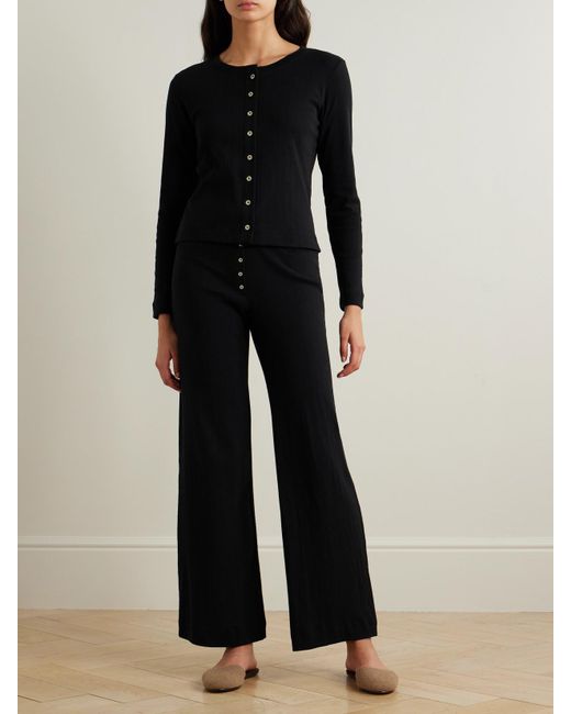 Leset Black Pointelle-Knit Cotton Cardigan
