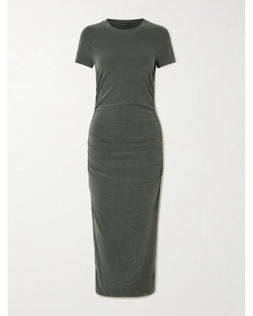 James Perse Green Ruched Cotton-Blend Jersey Midi Dress