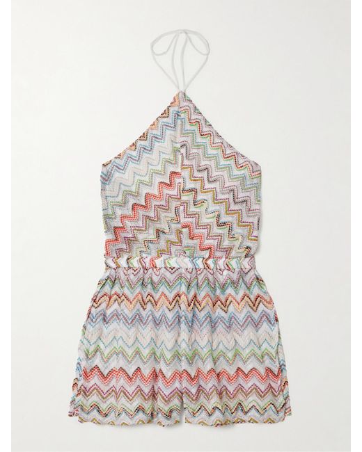Missoni White Metallic Crochet-Knit Halterneck Playsuit