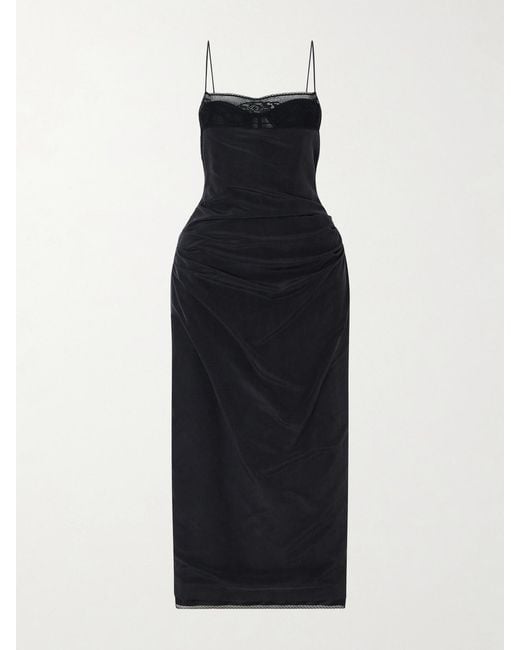 Magda Butrym Blue Draped Lace-Trimmed Silk-Satin Midi Dress