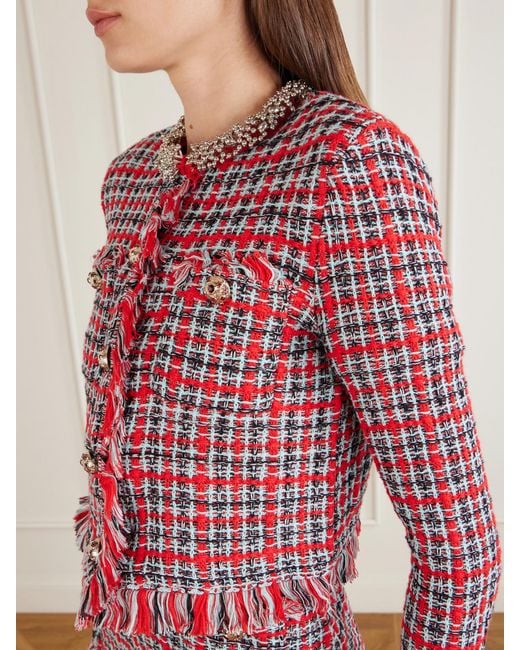 Self-Portrait Red Embellished Cotton And Wool-Blend Bouclé-Knit Frayed Jacket