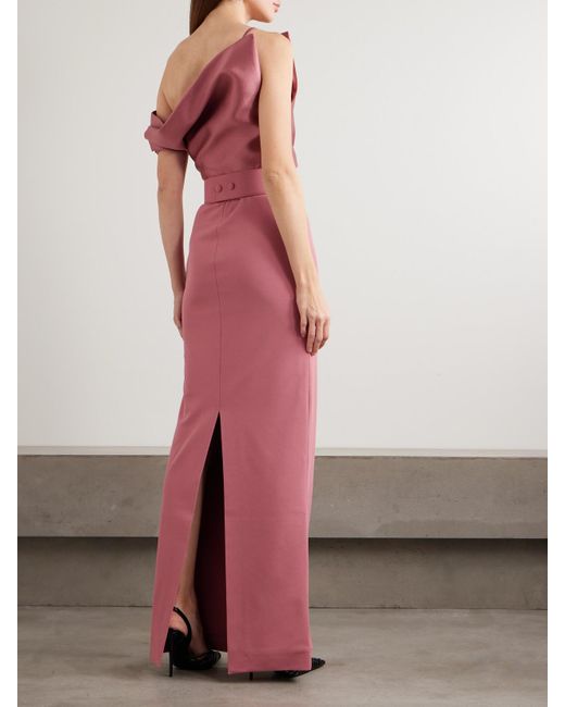Solace London Pink Magda Off-The-Shoulder Belted Draped Faille And Crepe Gown