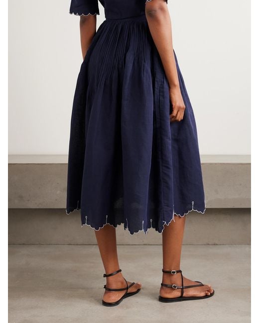Thierry Colson Verde Pintucked Embroidered Cotton And Linen-Blend Midi Skirt in Blue