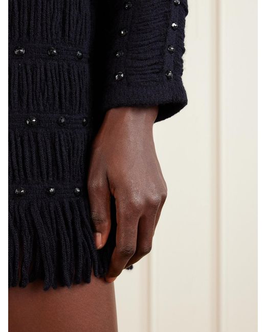 DIOTIMA Blue Notte Fringed Embellished Open-Knit Merino Wool-Blend Mini Dress