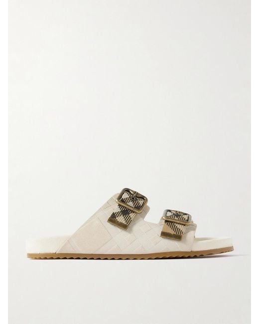Burberry White Checked Canvas Jacquard-Trimmed Suede Sandals