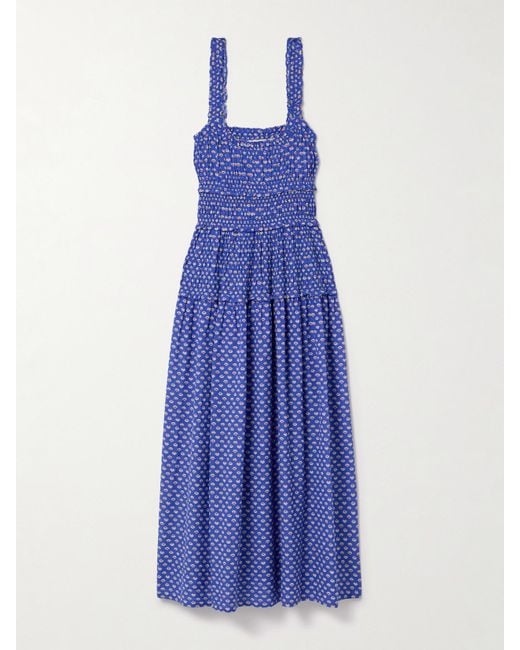 Doen Blue Marianne Shirred Printed Organic Cotton-Blend Voile Midi Dress