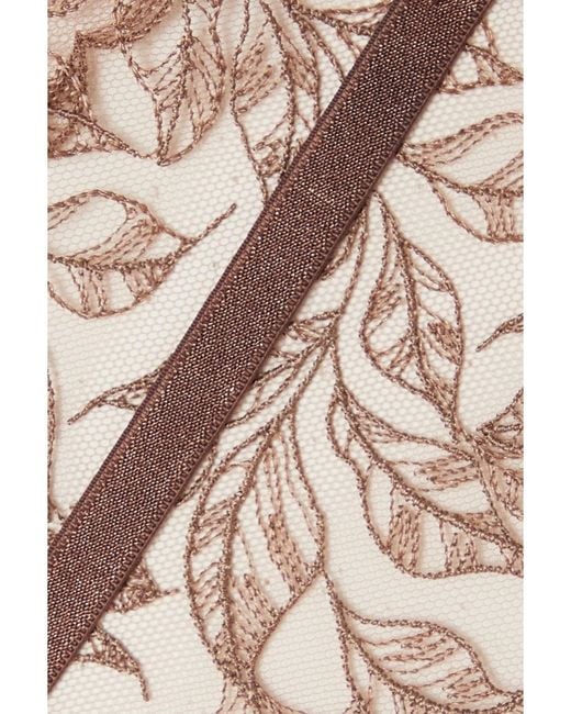 Coco De Mer Brown Paeonia Satin-Trimmed Embroidered Tulle Suspender Belt