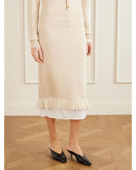 Bottega Veneta Natural Fringed Silk Midi Skirt