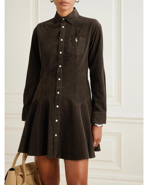 Polo Ralph Lauren Black Embroidered Cotton-Corduroy Mini Shirt Dress