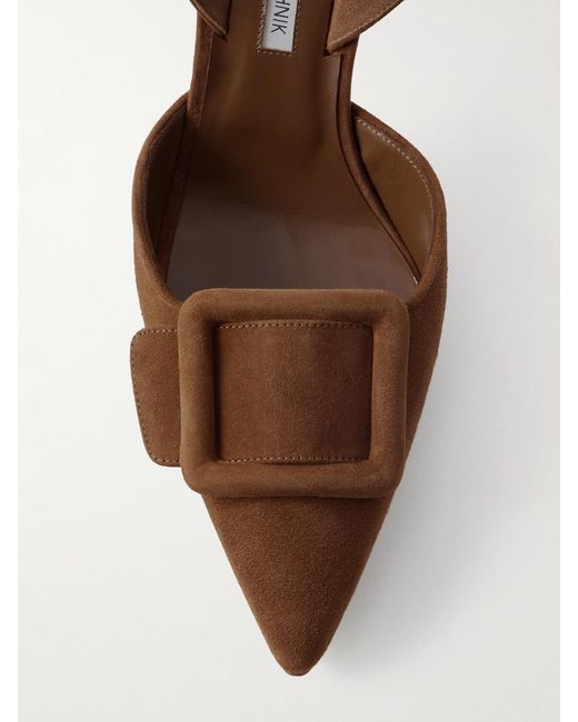 Manolo Blahnik Brown Maysli 70 Buckled Suede Slingback Pumps