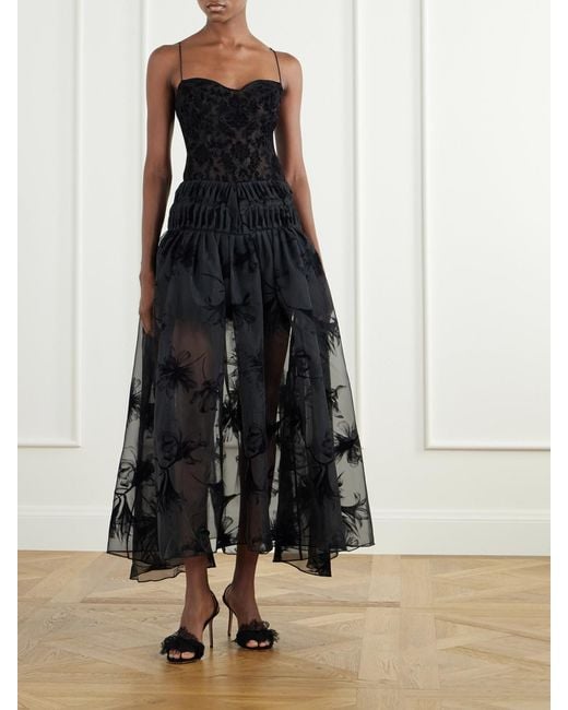 PAULINE DUJANCOURT Black Rebecca Velvet-Trimmed Organza Midi Skirt