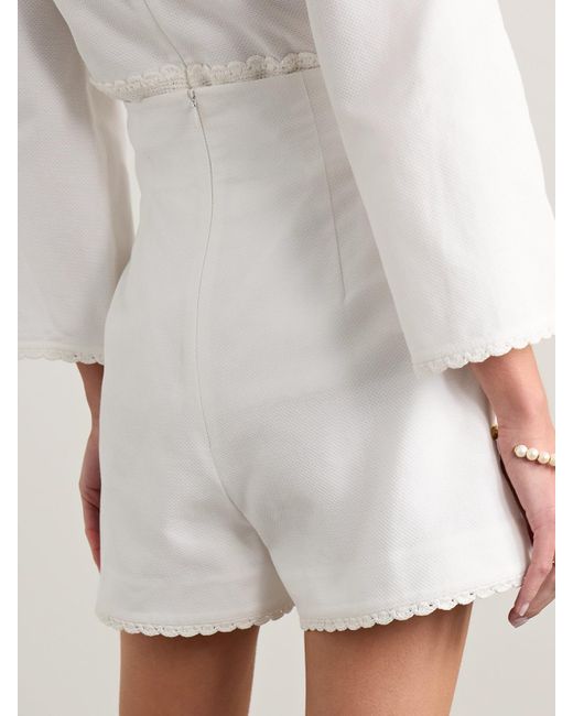 Zimmermann White Maxine Crochet-Trimmed Textured-Cotton Shorts