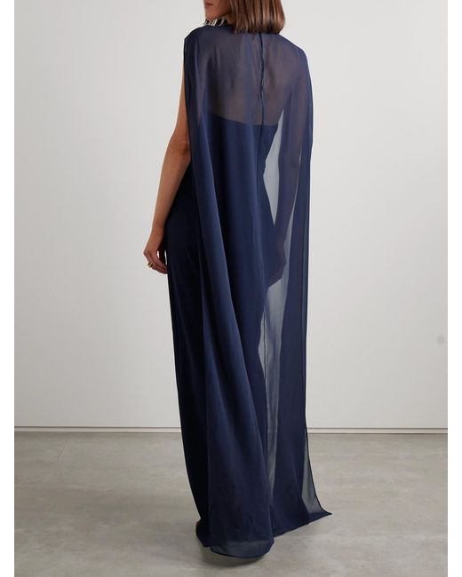 Roland Mouret Blue Cape-Effect Silk Chiffon-Trimmed Crepe Gown