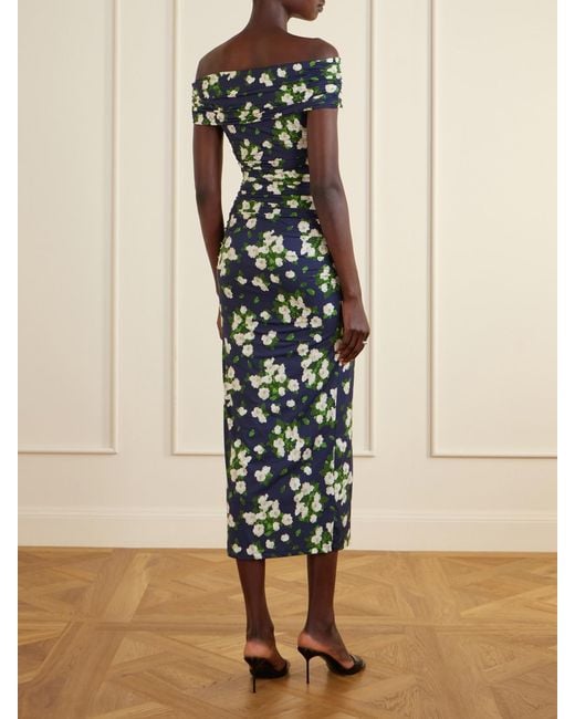 Carolina Herrera Blue Floral-Print Gathered Satin Midi Dress