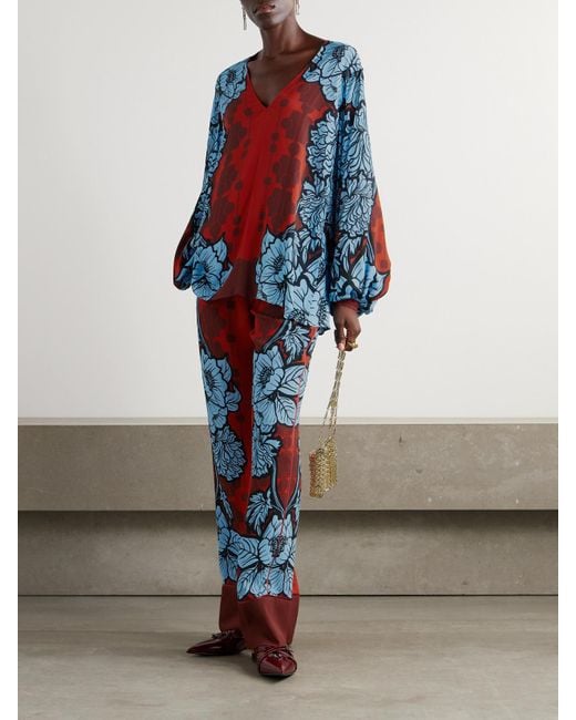 Borgo De Nor Blue Stellan Floral-Print Crepe De Chine Blouse